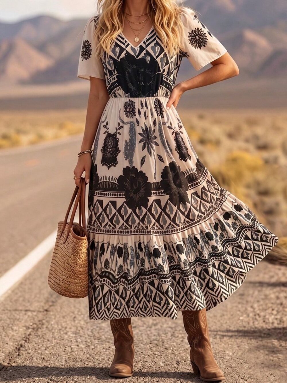 Black Boho Women's V-Neck Flared Sleeve Cinched Waist Ruffle Hem Dress - Picture 3 of 5